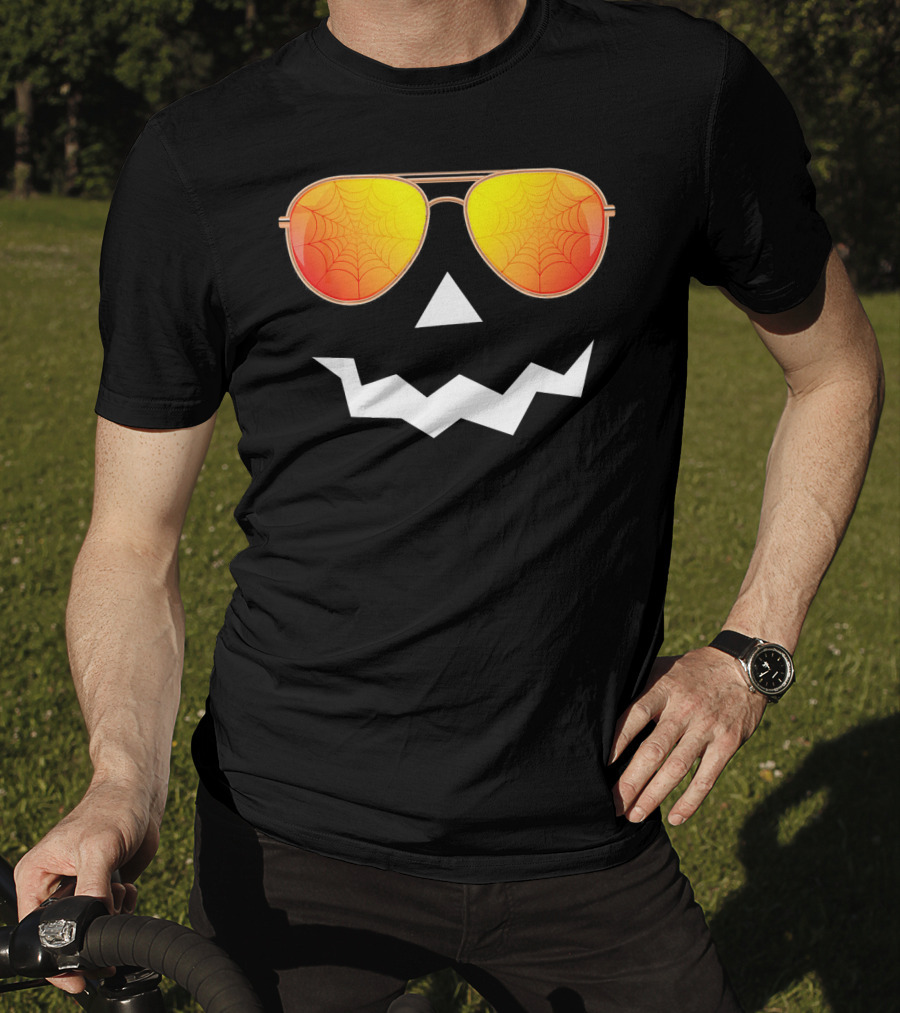 Halloween Jack O Lantern With Sunglasses And Spider Web Reflection T-Shirt