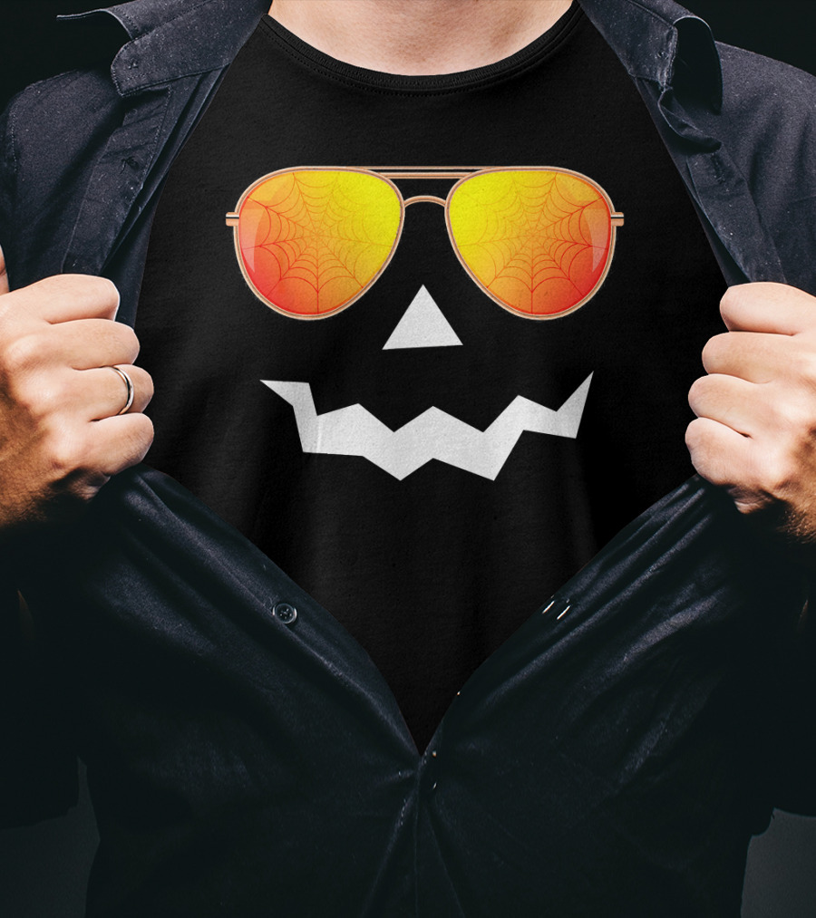 Halloween Jack O Lantern With Sunglasses And Spider Web Reflection T-Shirt
