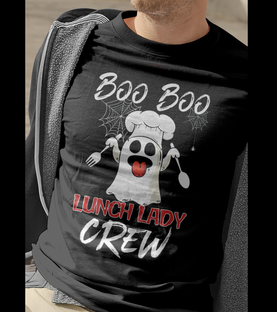Boo Boo Lunch Lady Crew Funny Chef Ghost With Webs And Utensils T-Shirt