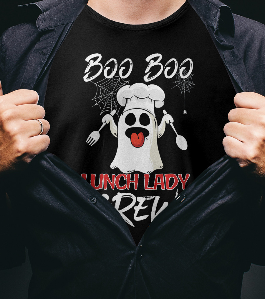 Boo Boo Lunch Lady Crew Funny Chef Ghost With Webs And Utensils T-Shirt