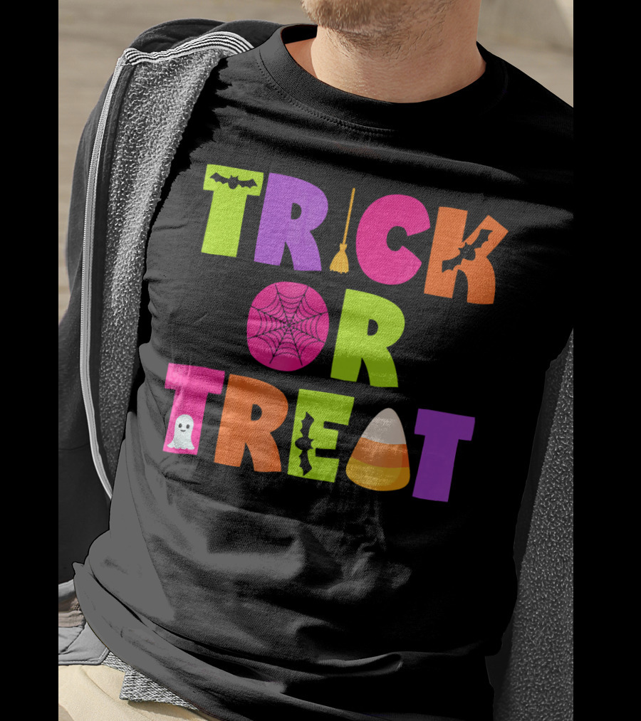 Trick Or Treat Bat Broom Spiderweb Ghost Candy Corn Halloween T-Shirt