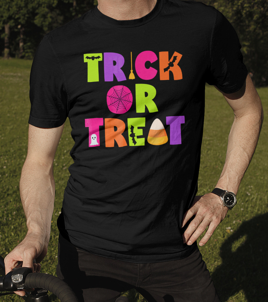 Trick Or Treat Bat Broom Spiderweb Ghost Candy Corn Halloween T-Shirt