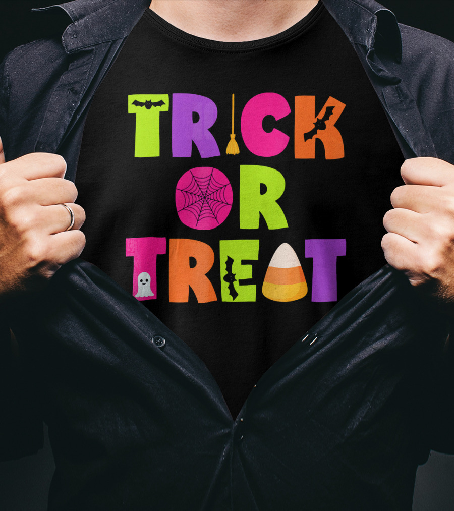 Trick Or Treat Bat Broom Spiderweb Ghost Candy Corn Halloween T-Shirt
