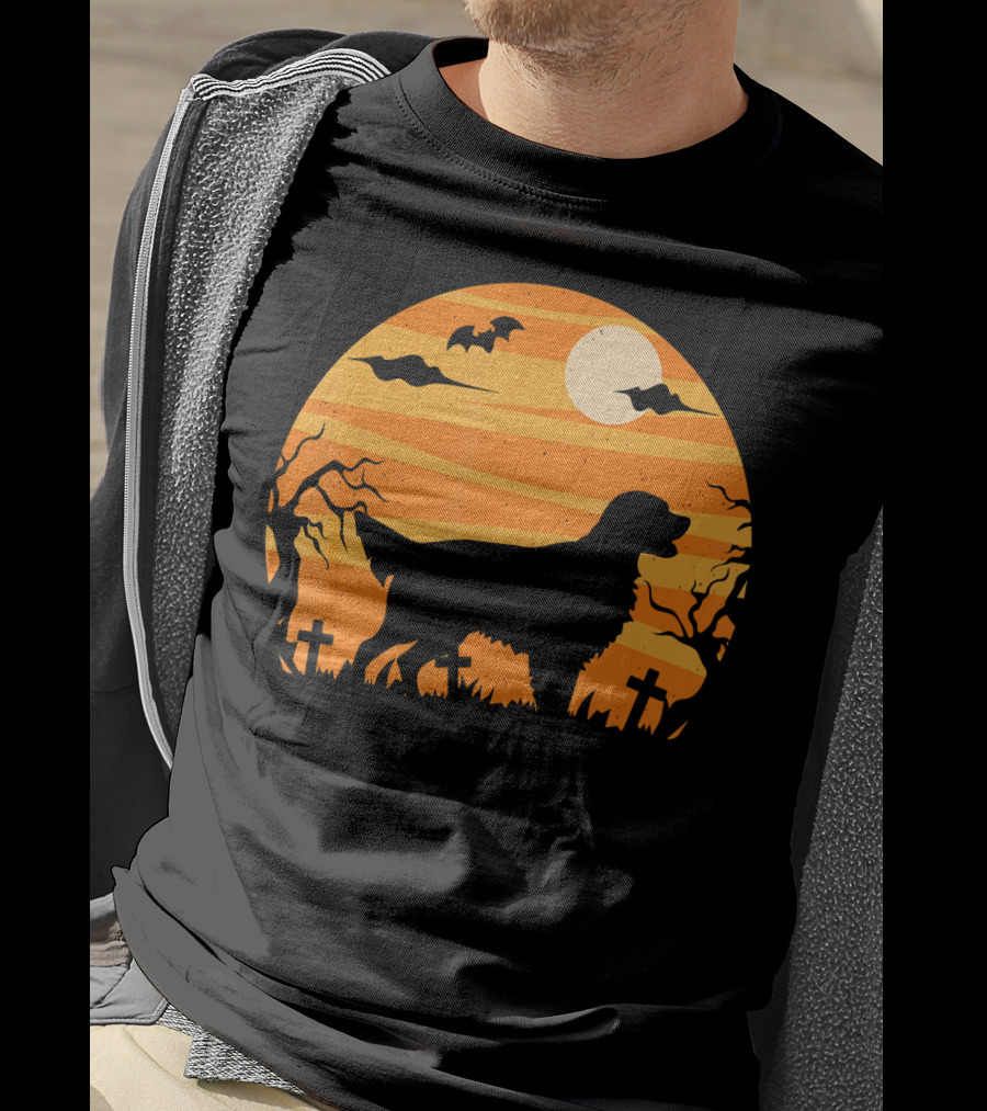 Flat Coated Retriever Halloween Moonlit Graveyard Scene T-Shirt