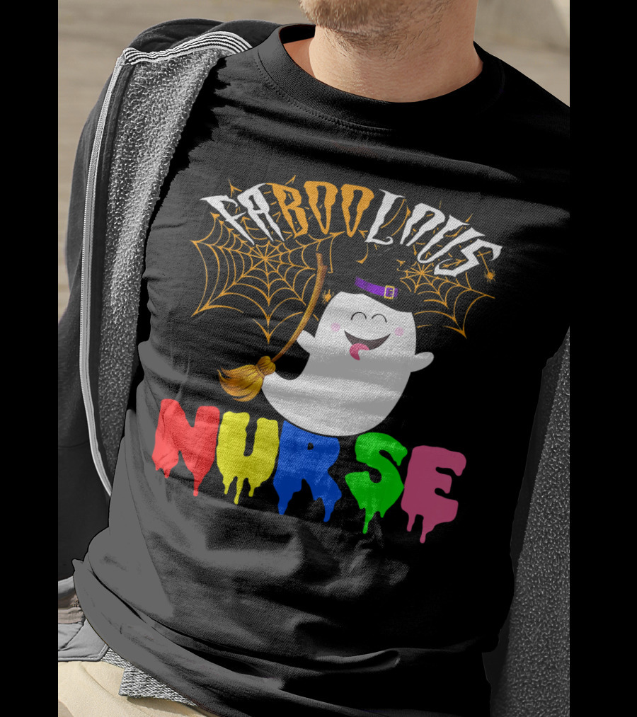Faboolous Nurse Ghost With Witch Hat And Broom Halloween T-Shirt