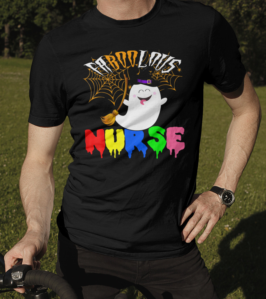 Faboolous Nurse Ghost With Witch Hat And Broom Halloween T-Shirt