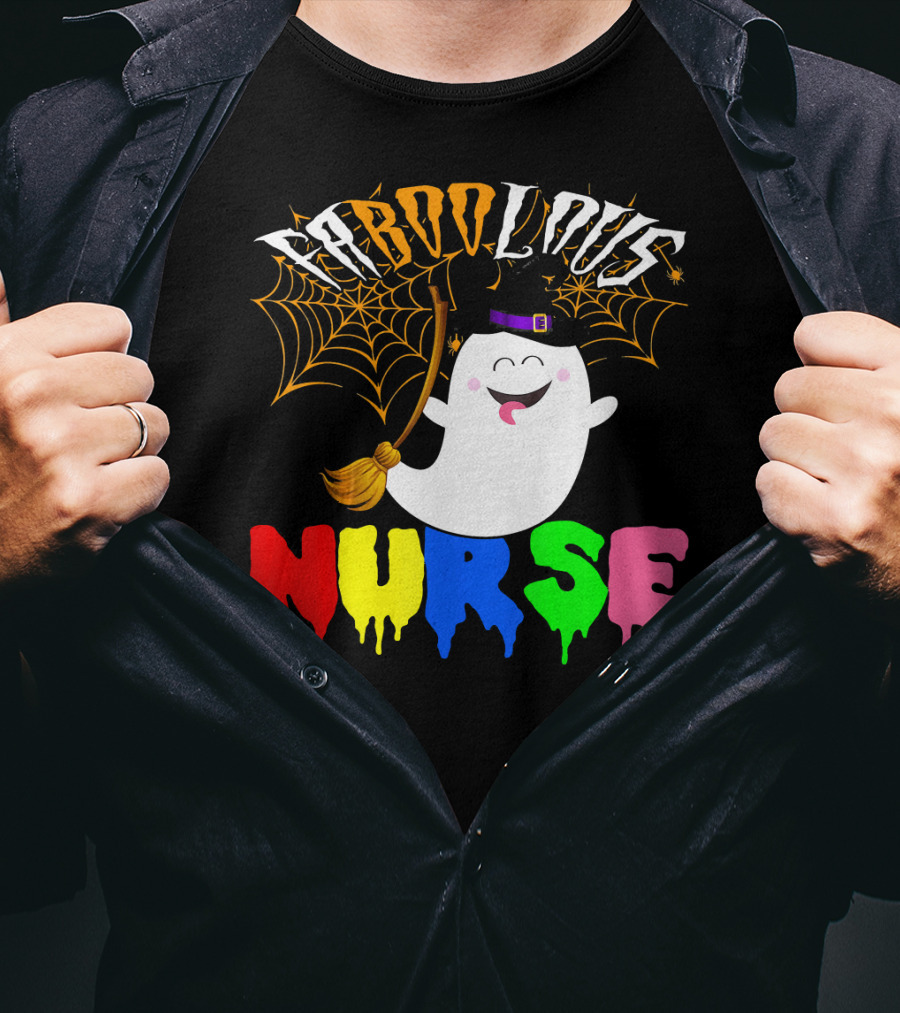Faboolous Nurse Ghost With Witch Hat And Broom Halloween T-Shirt