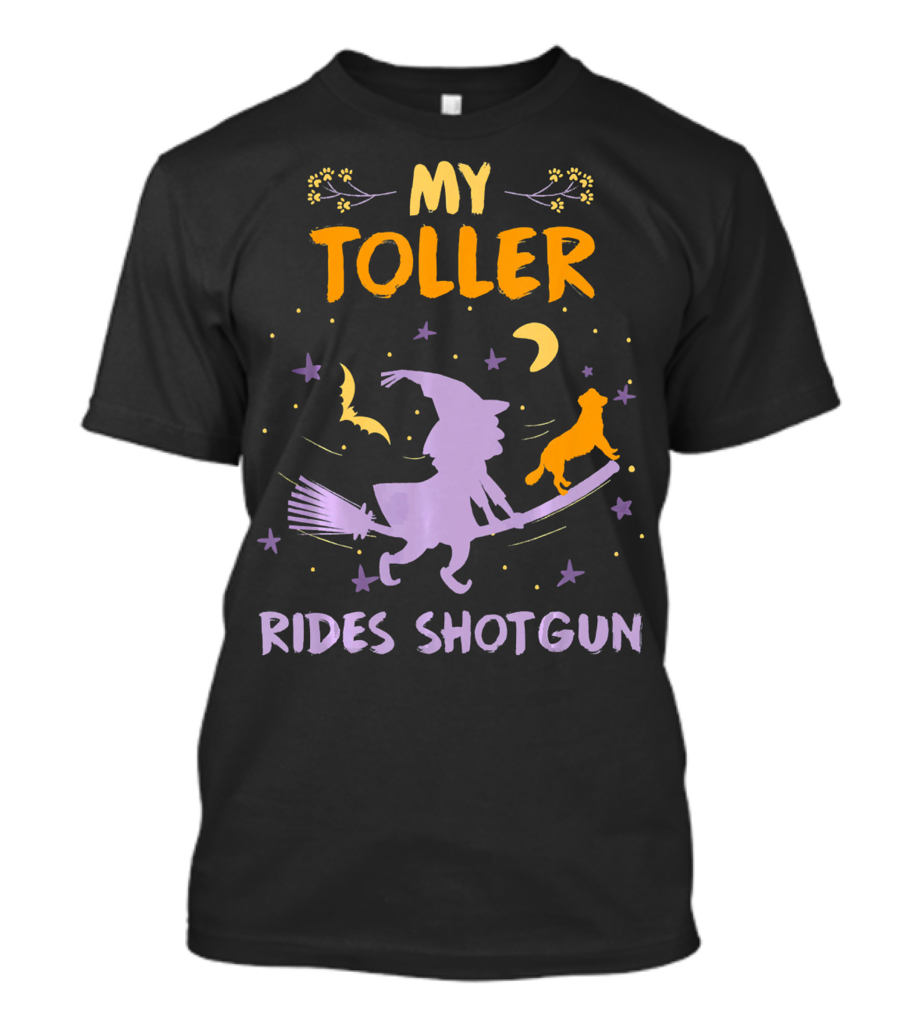 My Toller Rides Shotgun Halloween Witch And Dog Moon Stars T-Shirt