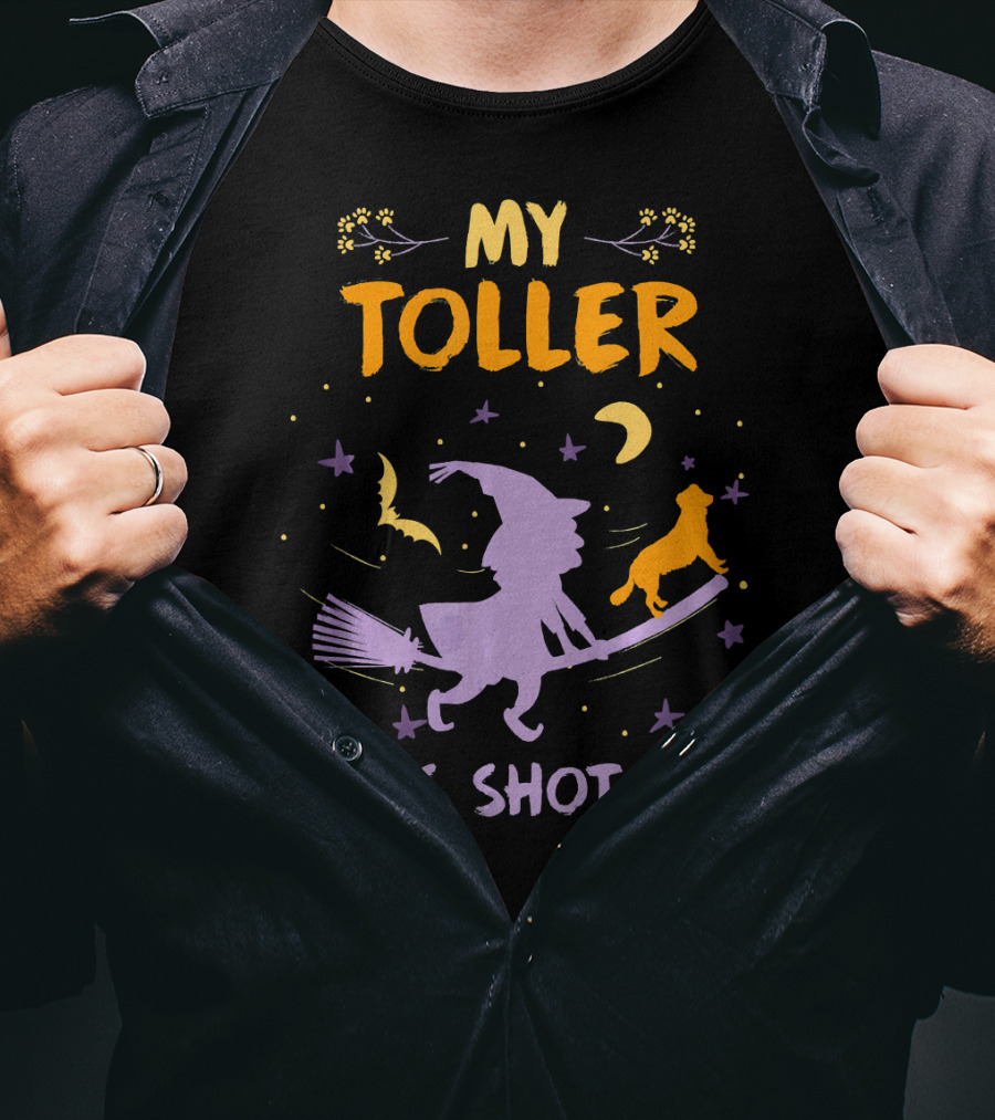 My Toller Rides Shotgun Halloween Witch And Dog Moon Stars T-Shirt