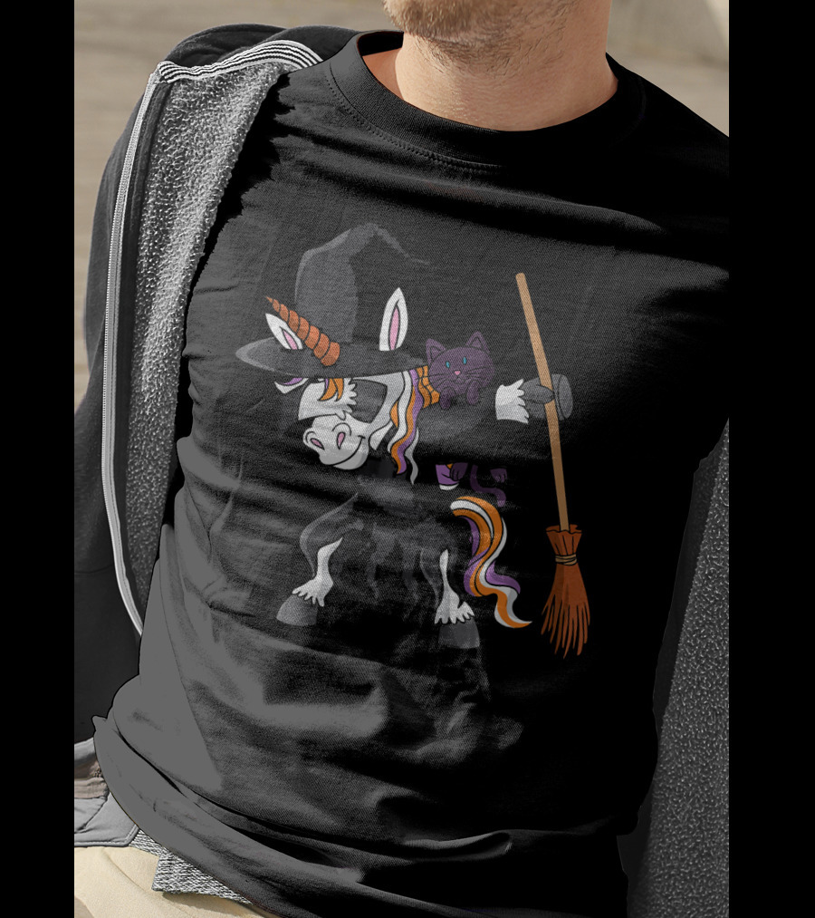 Dabbing Halloween Witch Unicorn With Cat And Broom T-Shirt