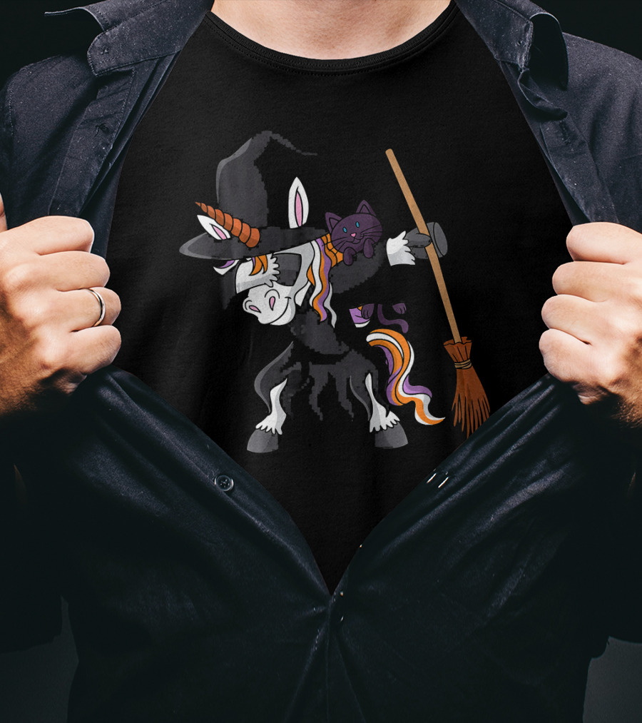 Dabbing Halloween Witch Unicorn With Cat And Broom T-Shirt