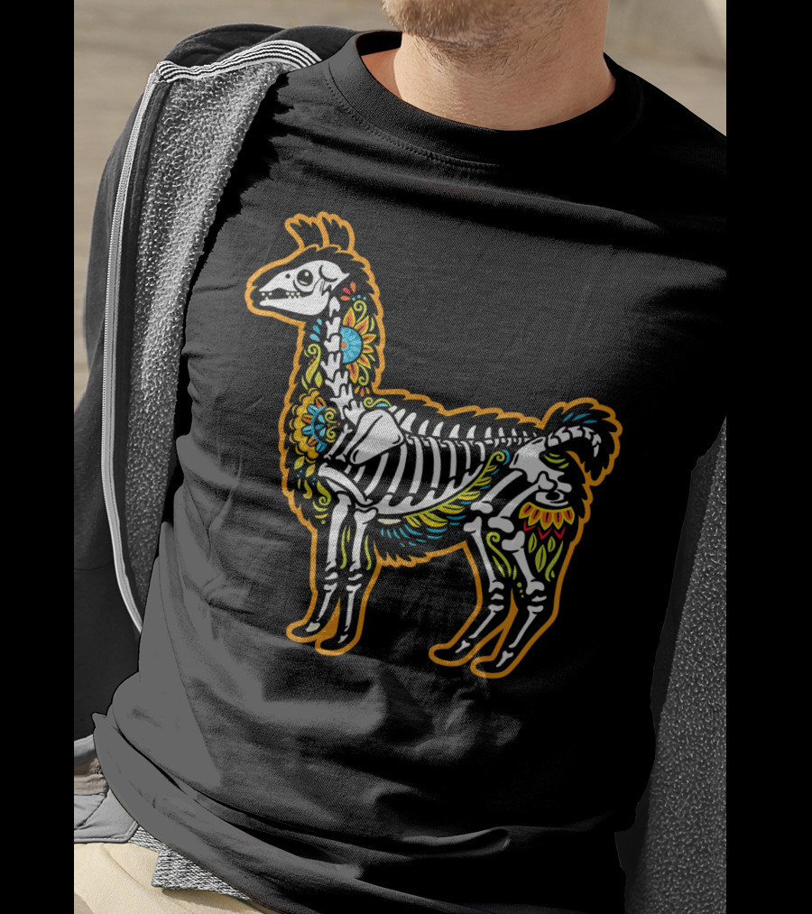 Colorful Dia De Los Muertos Llama Skeleton T-Shirt