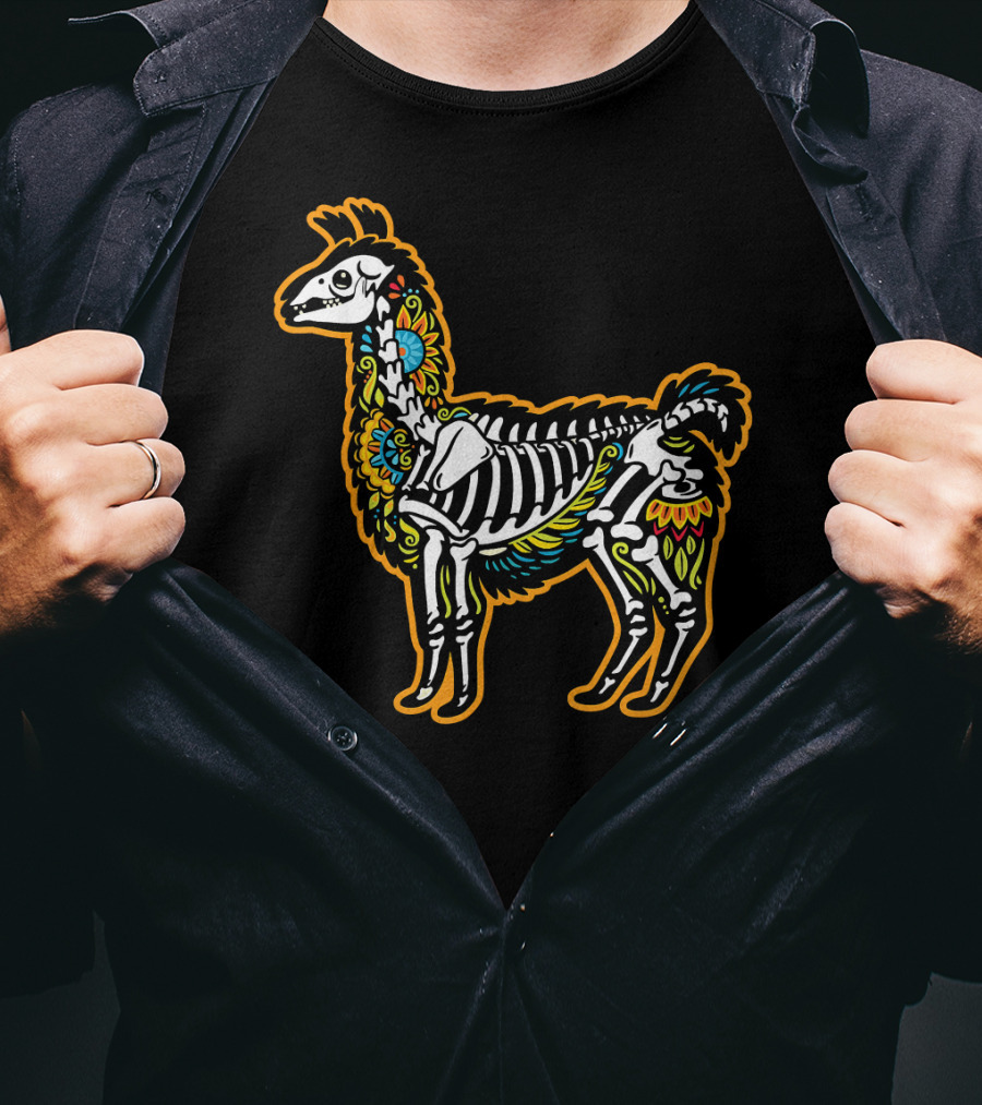Colorful Dia De Los Muertos Llama Skeleton T-Shirt