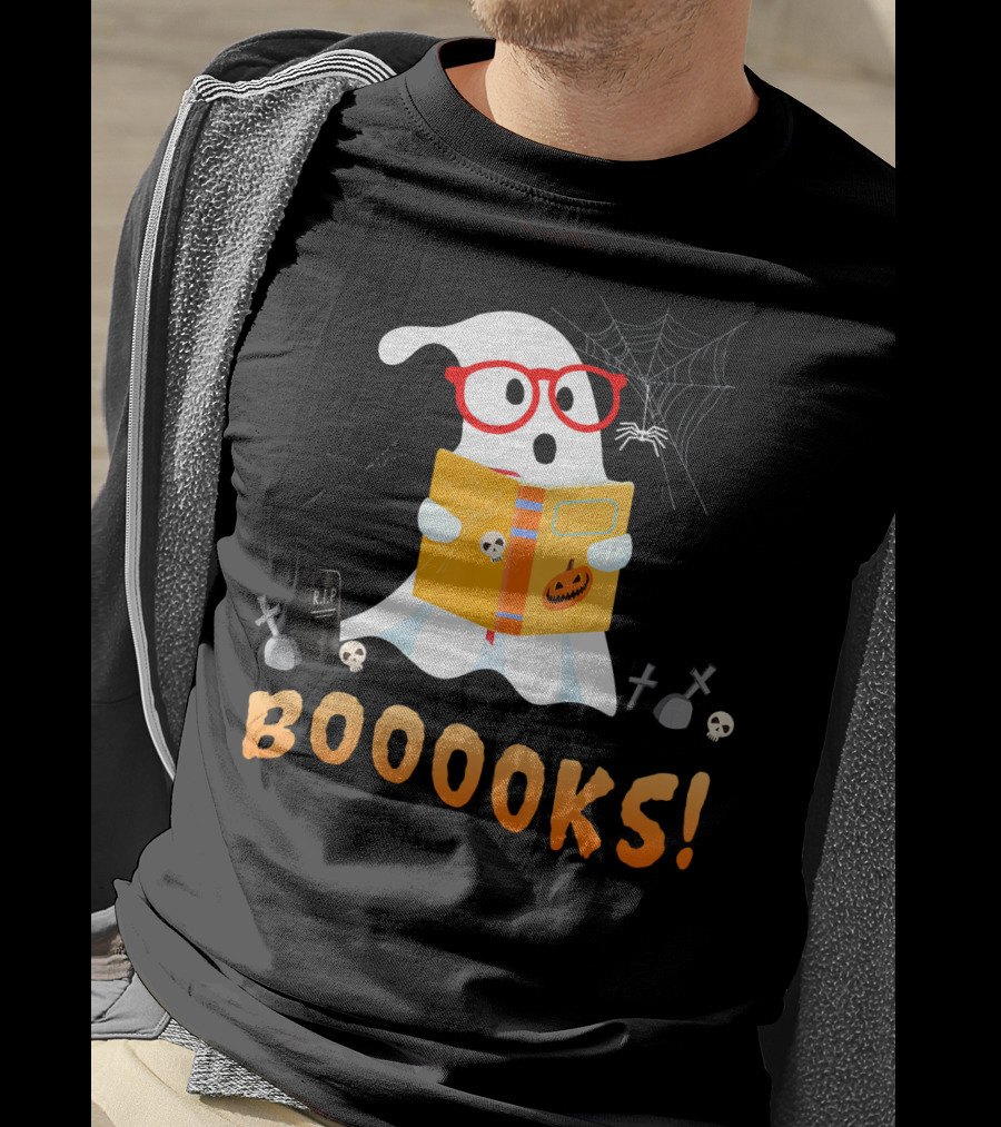 BOOOOKS Funny Teacher Halloween Ghost Reads With Spider Webs T-Shirt