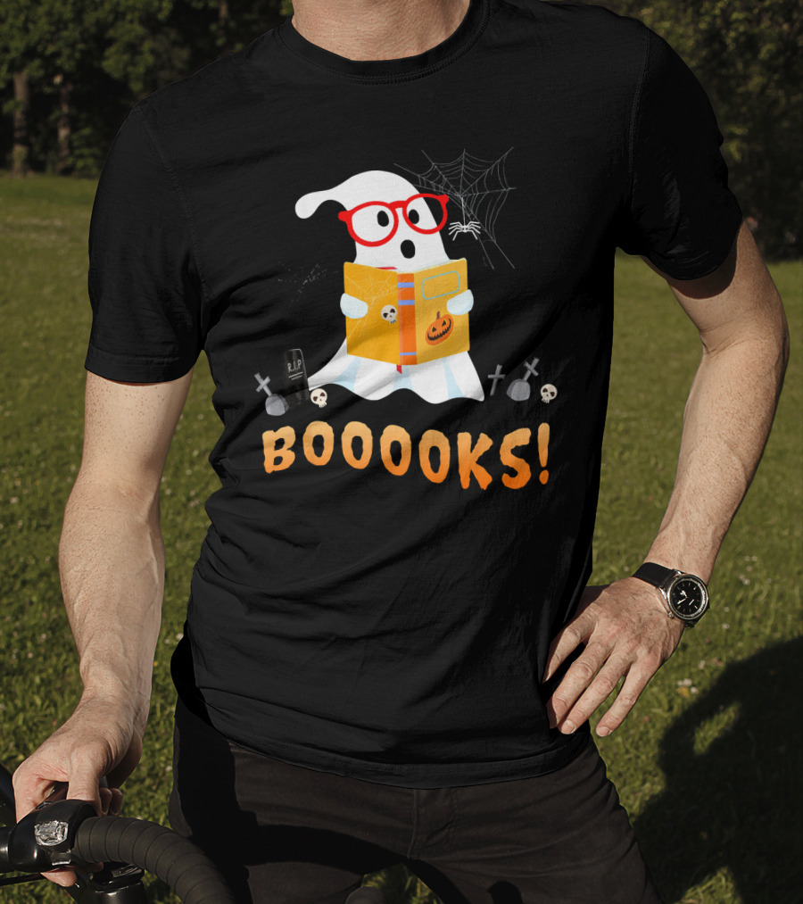 BOOOOKS Funny Teacher Halloween Ghost Reads With Spider Webs T-Shirt