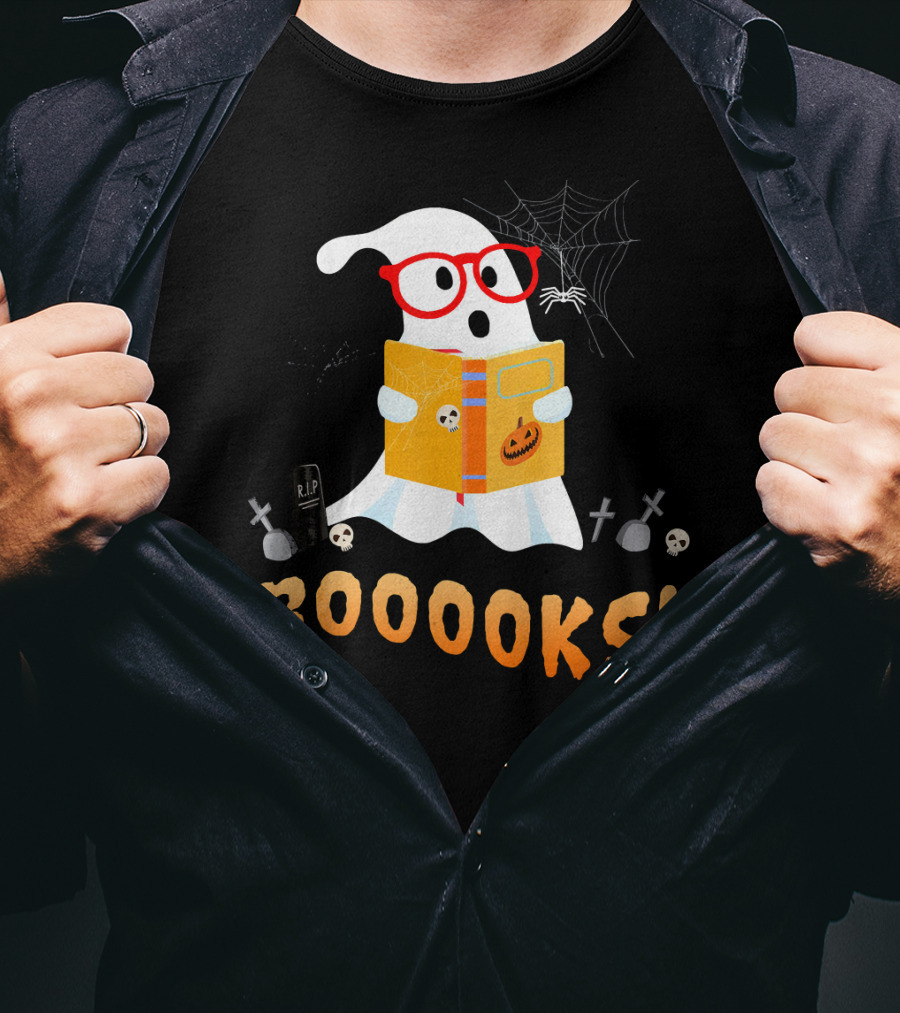 BOOOOKS Funny Teacher Halloween Ghost Reads With Spider Webs T-Shirt