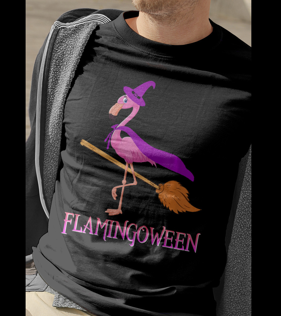 Flamingoween Witch Flamingo Riding Broomstick T-Shirt
