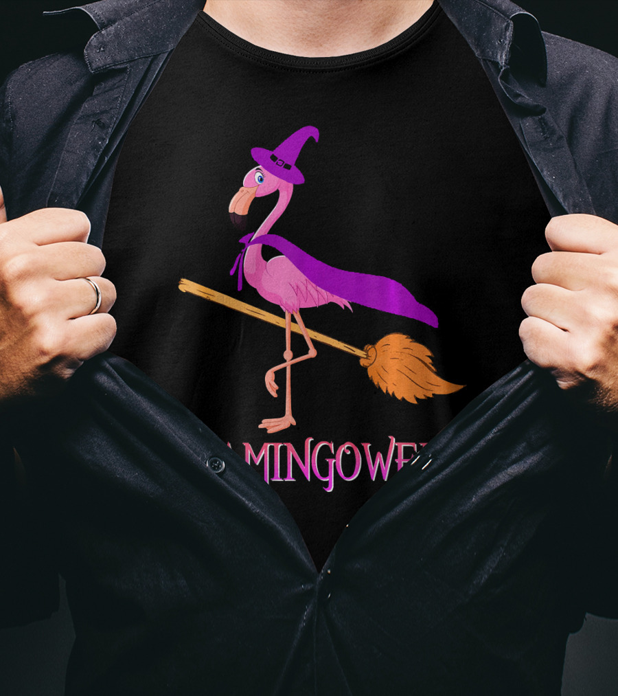 Flamingoween Witch Flamingo Riding Broomstick T-Shirt