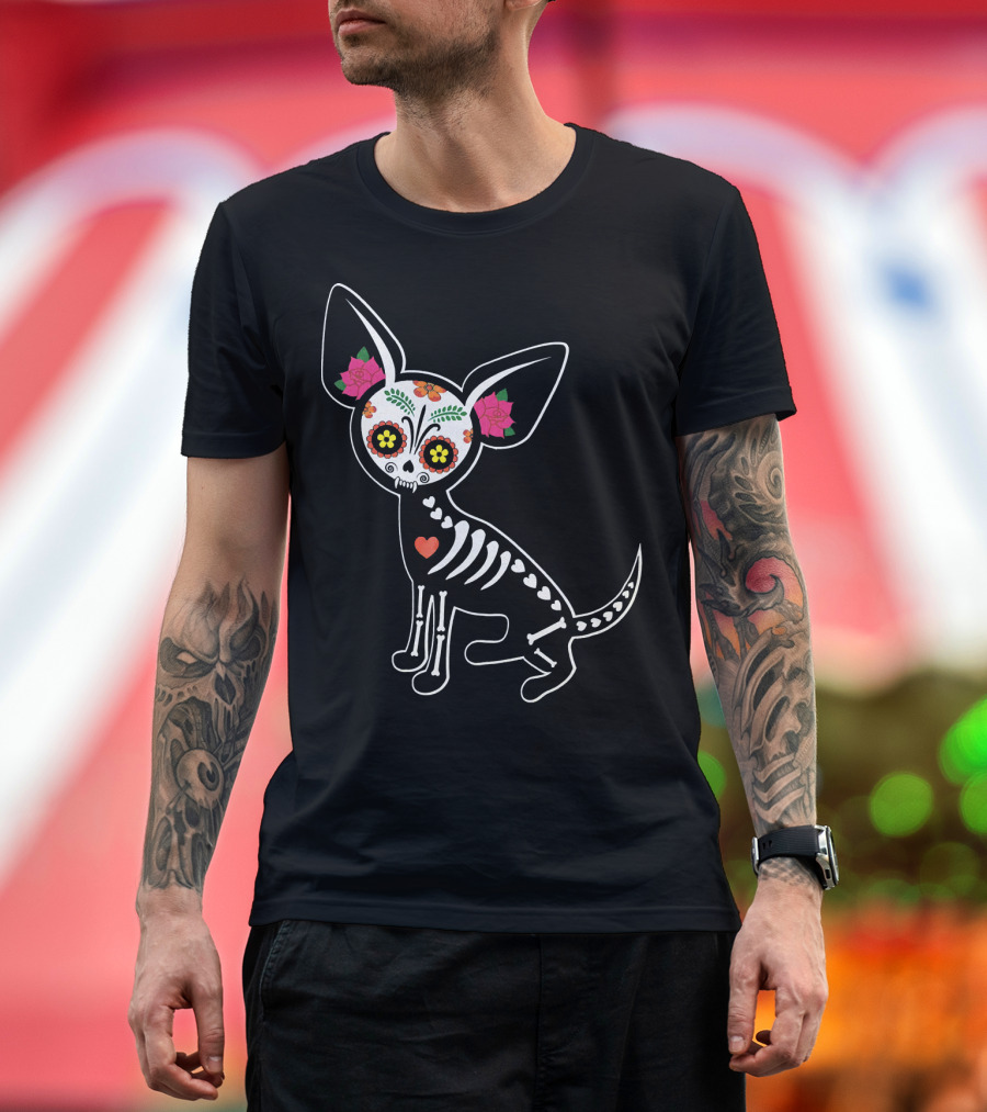 Day Of The Dead Chihuahua Skeleton Skull Flowers T-Shirt