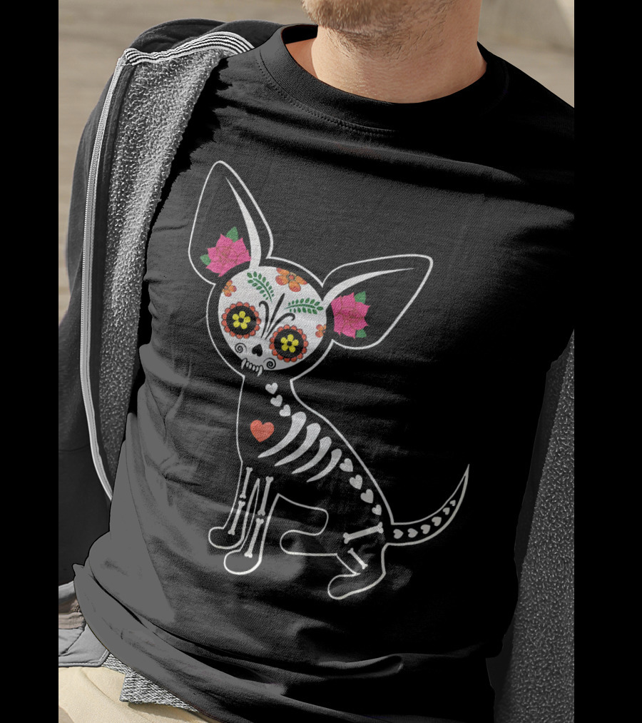 Day Of The Dead Chihuahua Skeleton Skull Flowers T-Shirt