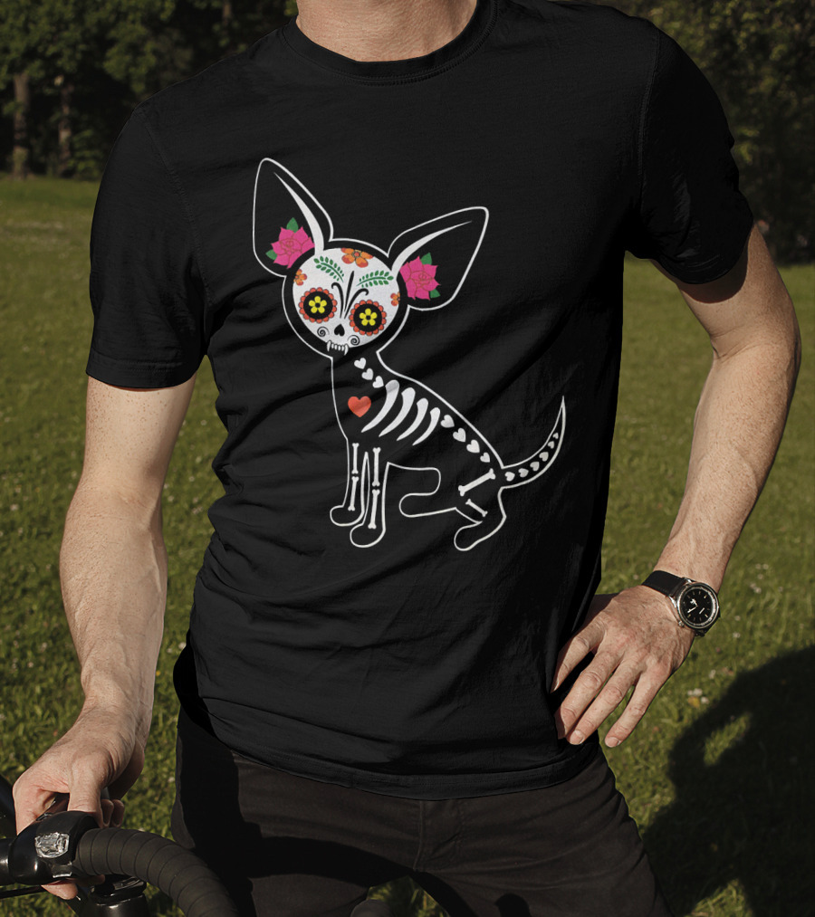 Day Of The Dead Chihuahua Skeleton Skull Flowers T-Shirt
