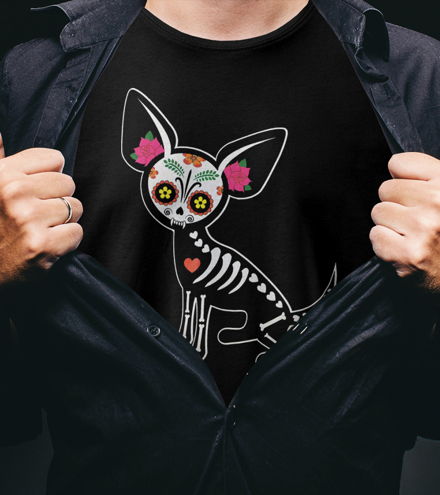Day Of The Dead Chihuahua Skeleton Skull Flowers T-Shirt