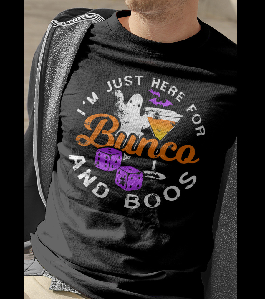 I'm Just Here For Bunco And Boos Ghost Bat Cocktail Dice T-Shirt