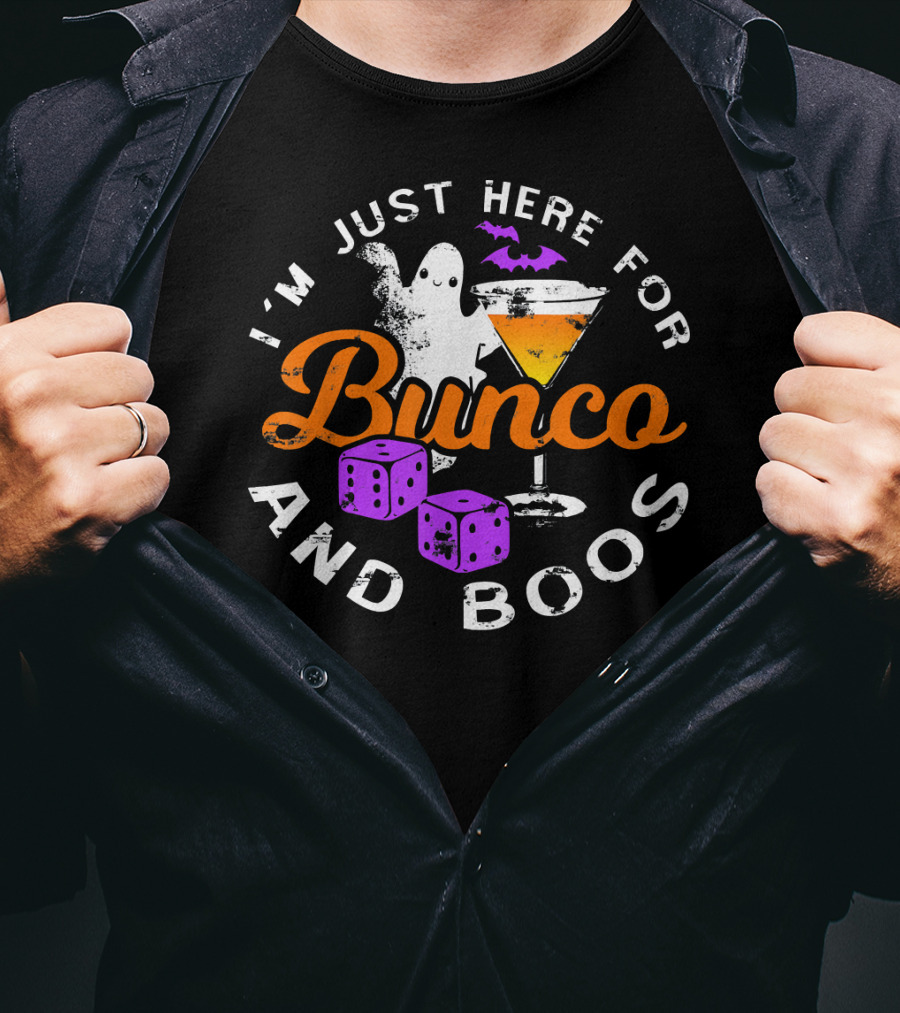 I'm Just Here For Bunco And Boos Ghost Bat Cocktail Dice T-Shirt