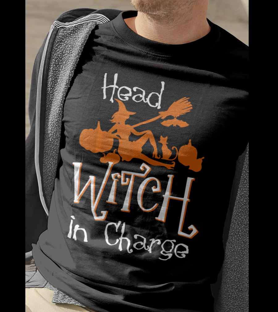 Head Witch In Charge Funny Halloween Pumpkins Broomstick Cat T-Shirt