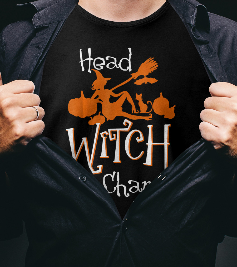 Head Witch In Charge Funny Halloween Pumpkins Broomstick Cat T-Shirt