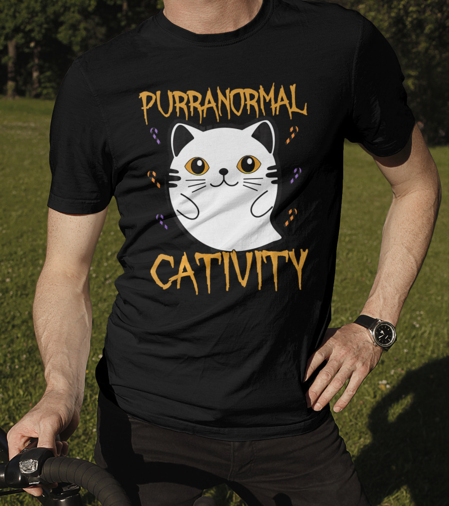 Purranormal Cativity Ghostly Cat Boo With Candy Corn T-Shirt