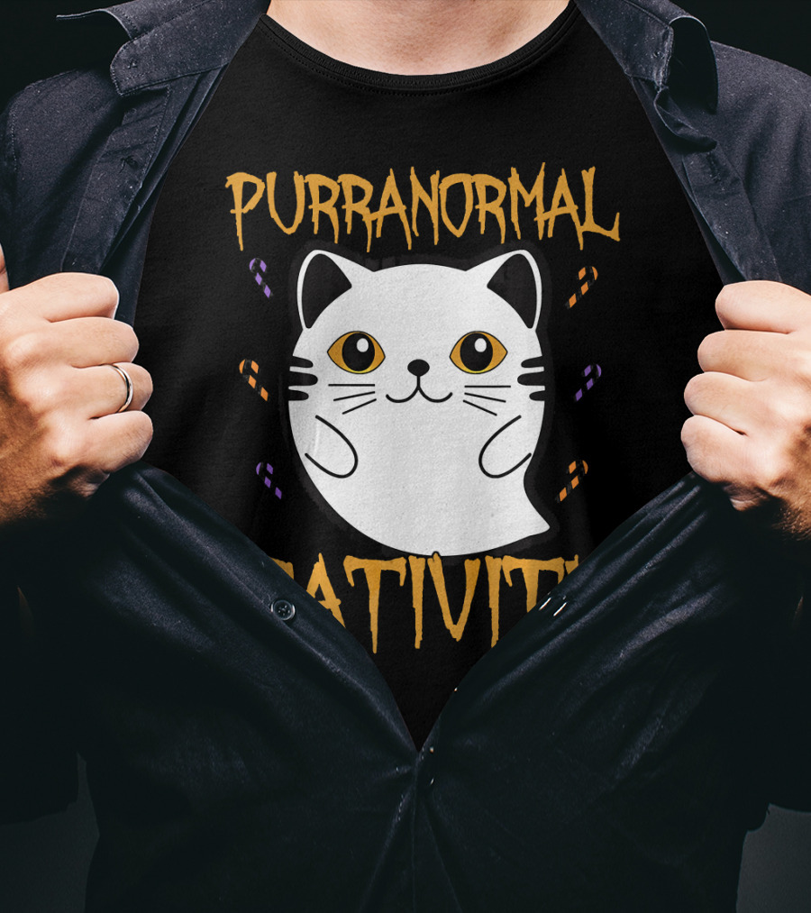 Purranormal Cativity Ghostly Cat Boo With Candy Corn T-Shirt