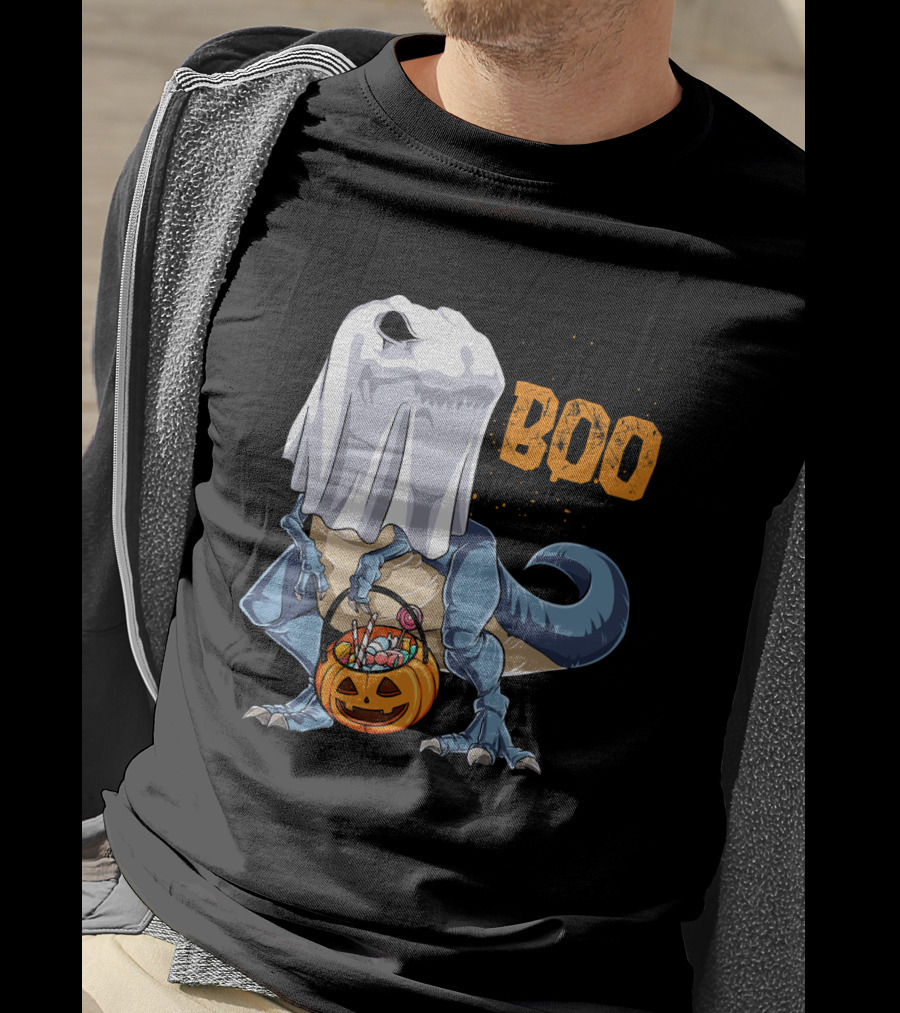 Ghost Dinosaur Rex Boo Halloween Candy Pumpkin T-Shirt