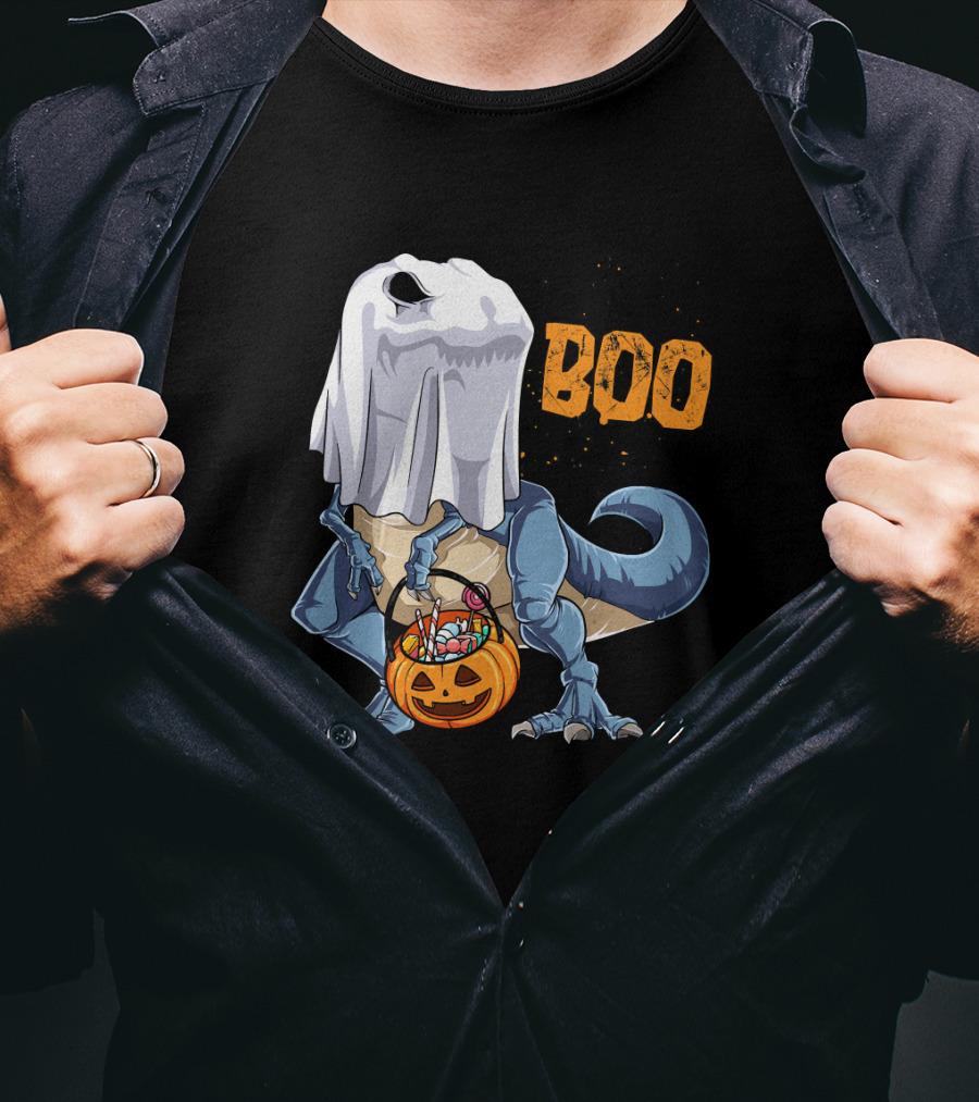Ghost Dinosaur Rex Boo Halloween Candy Pumpkin T-Shirt