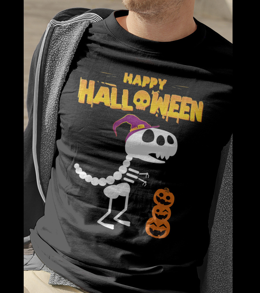 Happy Halloween Funny Rex Skeleton With Witch Hat And Pumpkins T-Shirt