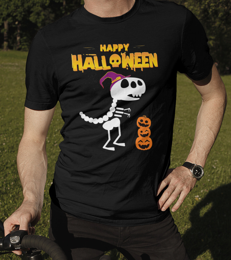 Happy Halloween Funny Rex Skeleton With Witch Hat And Pumpkins T-Shirt