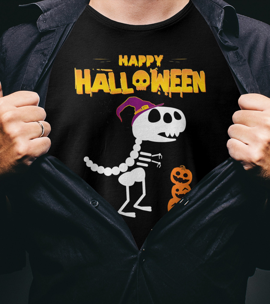 Happy Halloween Funny Rex Skeleton With Witch Hat And Pumpkins T-Shirt