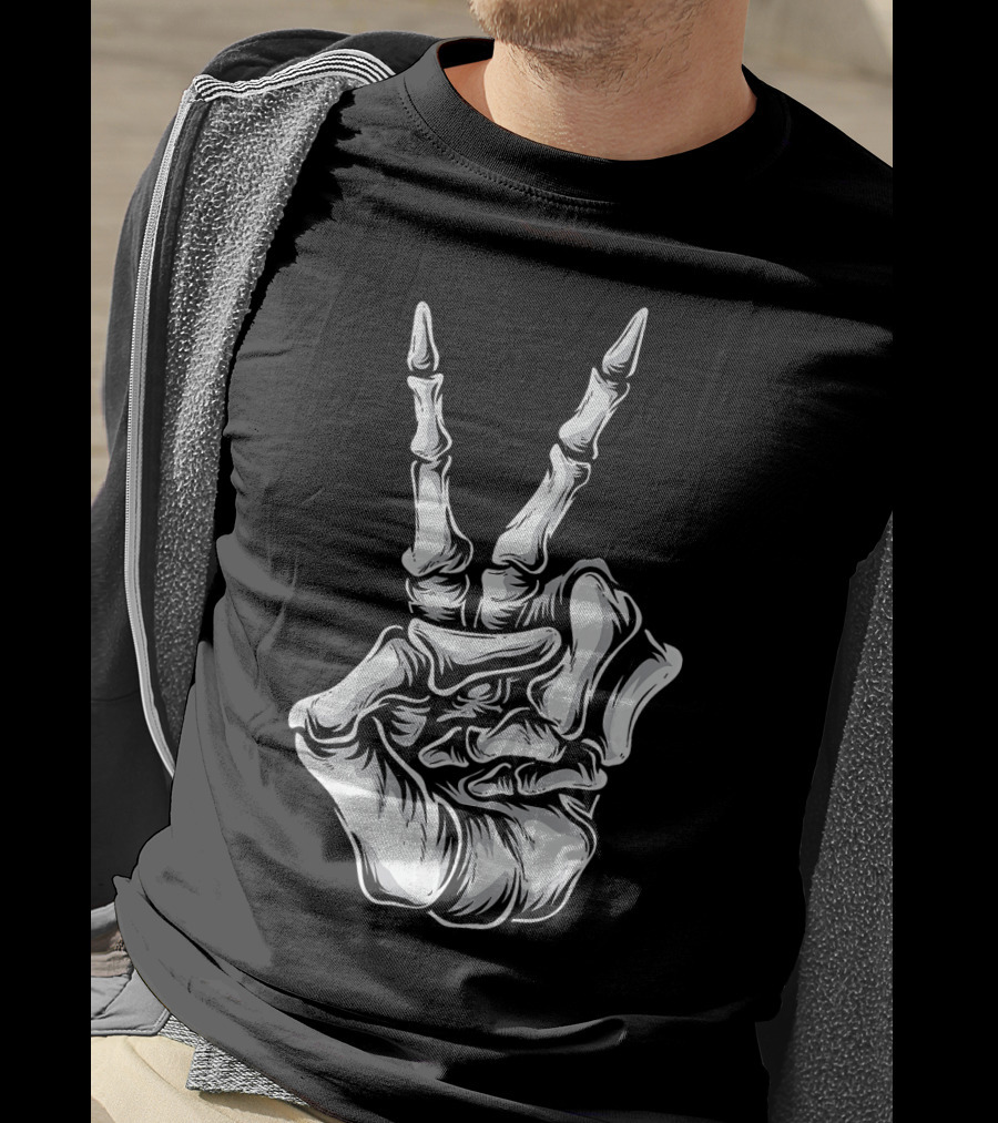 Skeleton Hand Peace Sign Halloween Night T-Shirt