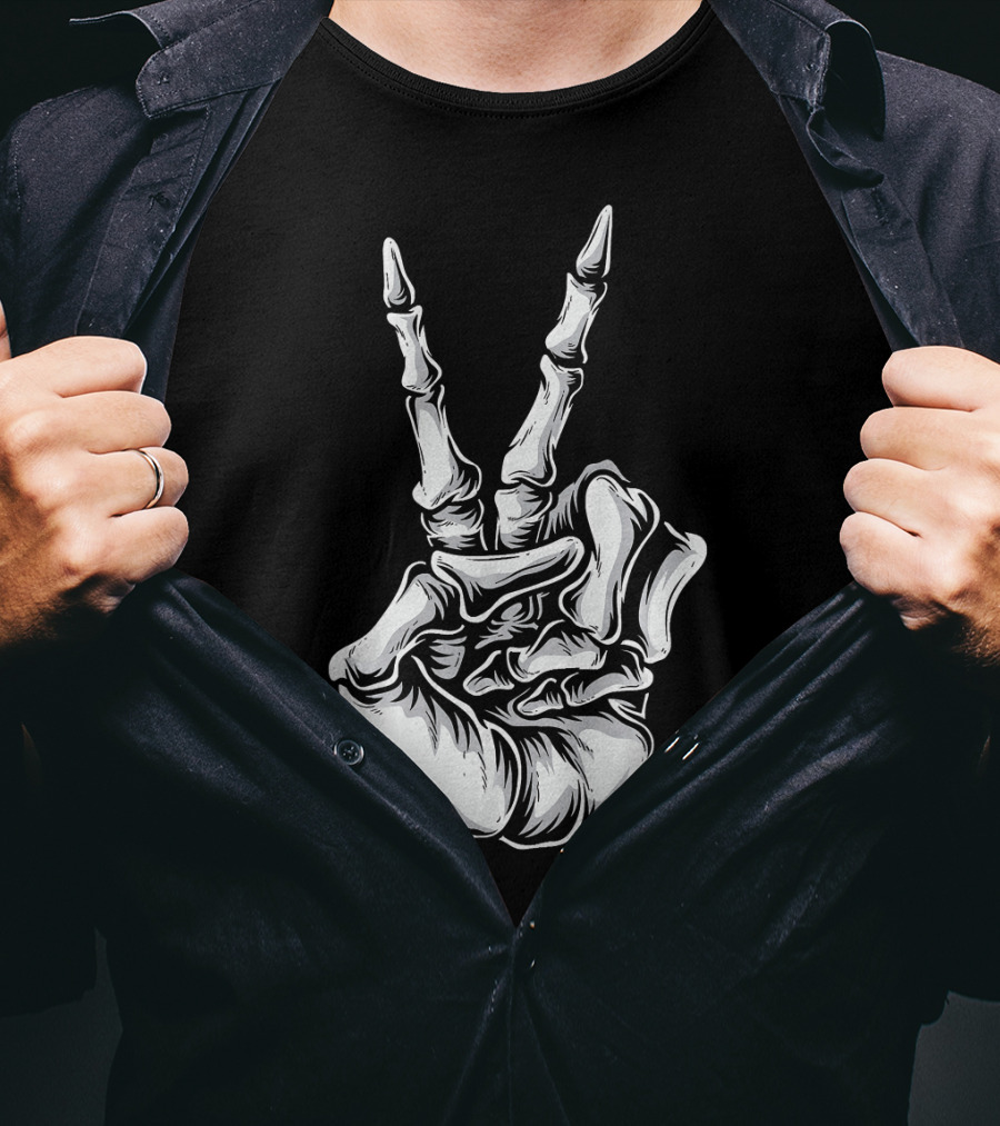 Skeleton Hand Peace Sign Halloween Night T-Shirt