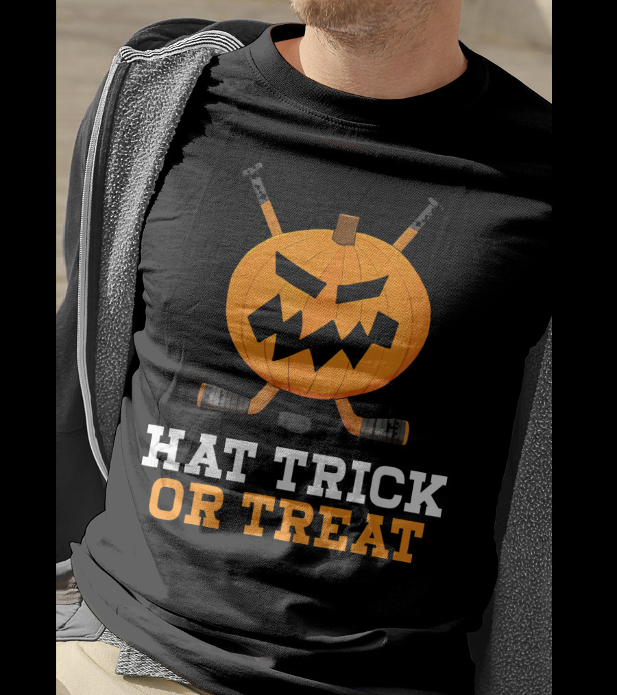 Hat Trick Or Treat Pumpkin Hockey Sticks Face T-Shirt
