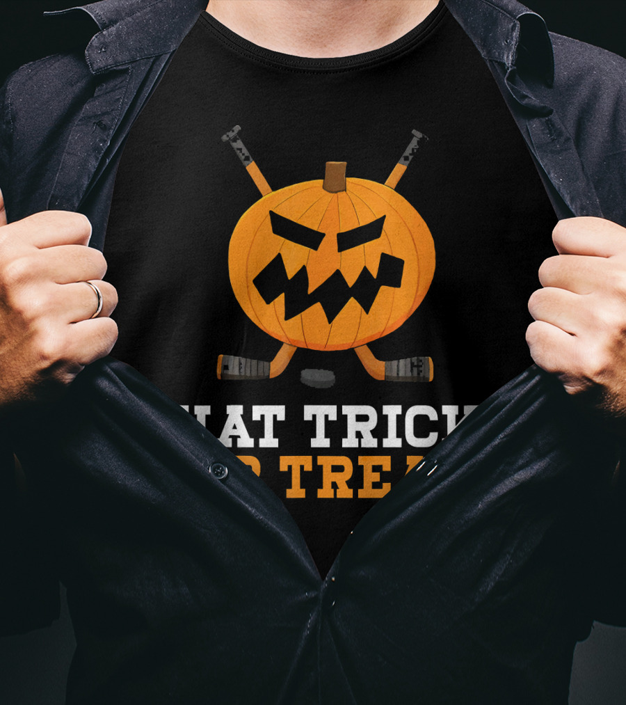 Hat Trick Or Treat Pumpkin Hockey Sticks Face T-Shirt