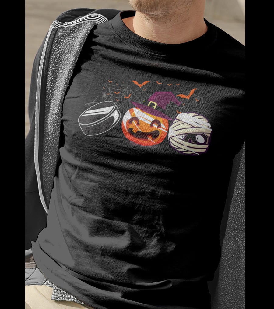 Hockey Puck Witch Pumpkin Mummy Halloween Bats Webs T-Shirt