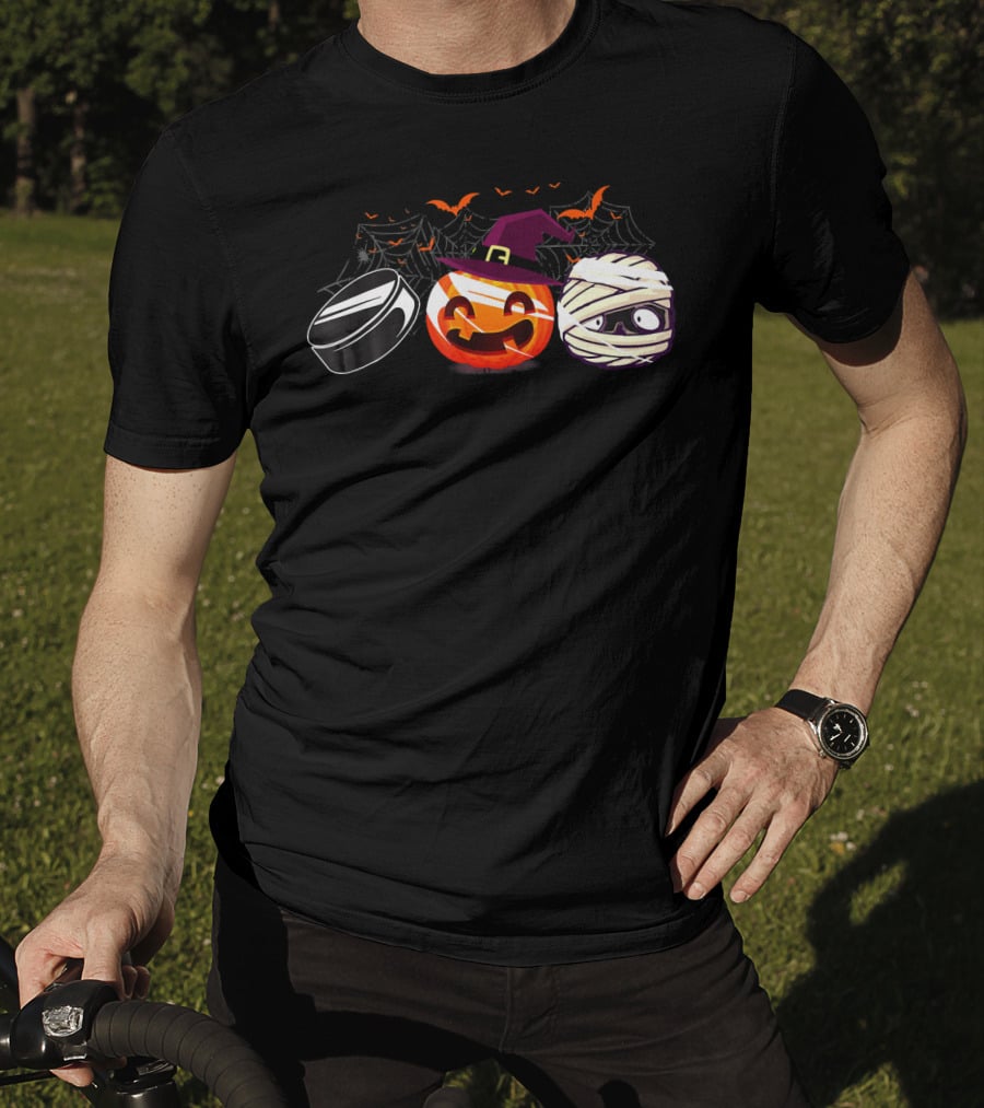 Hockey Puck Witch Pumpkin Mummy Halloween Bats Webs T-Shirt