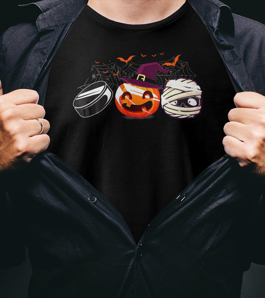 Hockey Puck Witch Pumpkin Mummy Halloween Bats Webs T-Shirt
