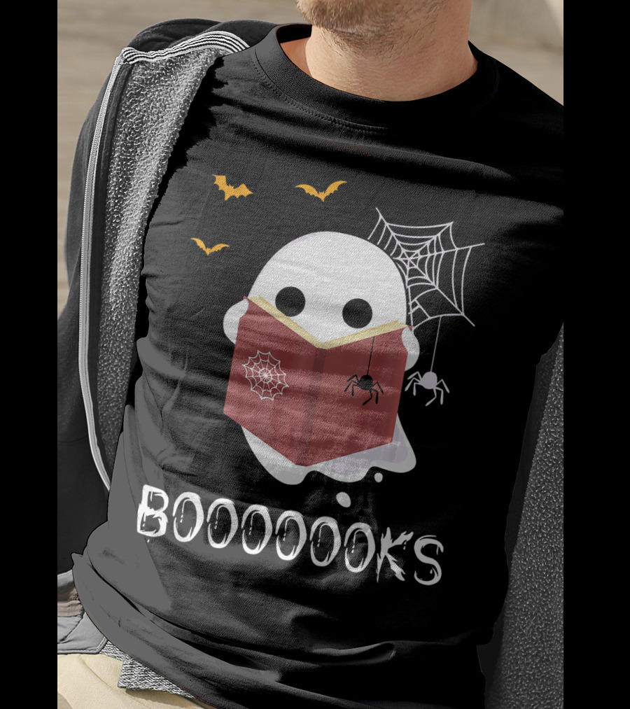 Booooooks Funny Boo Read Books Reading Ghost Spider Web Bats T-Shirt