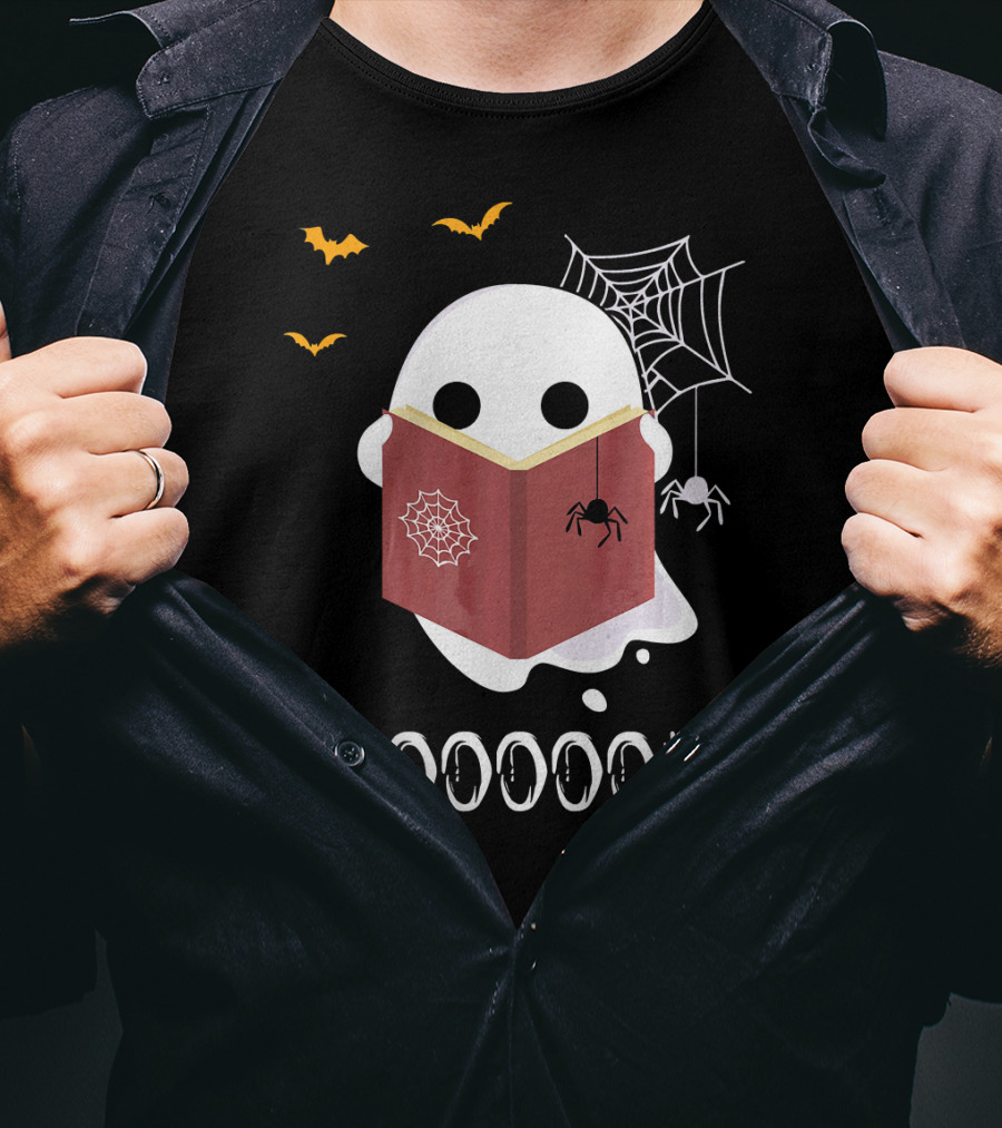 Booooooks Funny Boo Read Books Reading Ghost Spider Web Bats T-Shirt