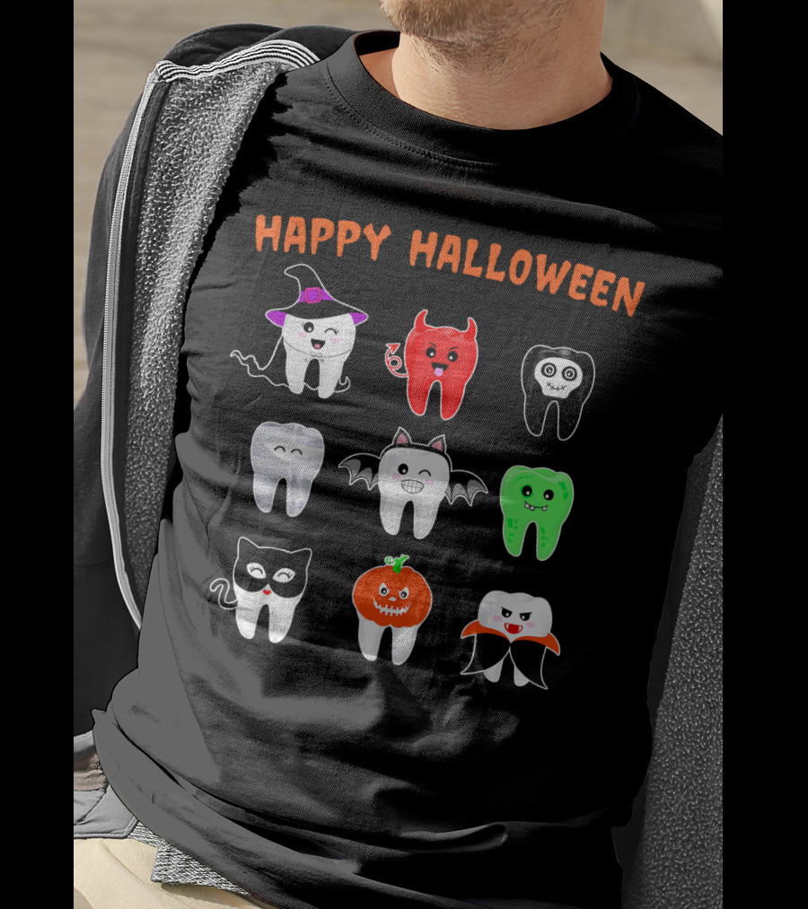 Happy Halloween Cute Tooth Monsters In Costume T-Shirt