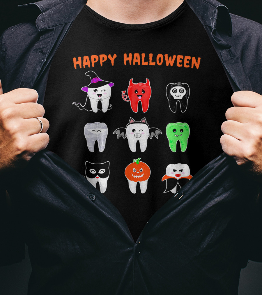 Happy Halloween Cute Tooth Monsters In Costume T-Shirt