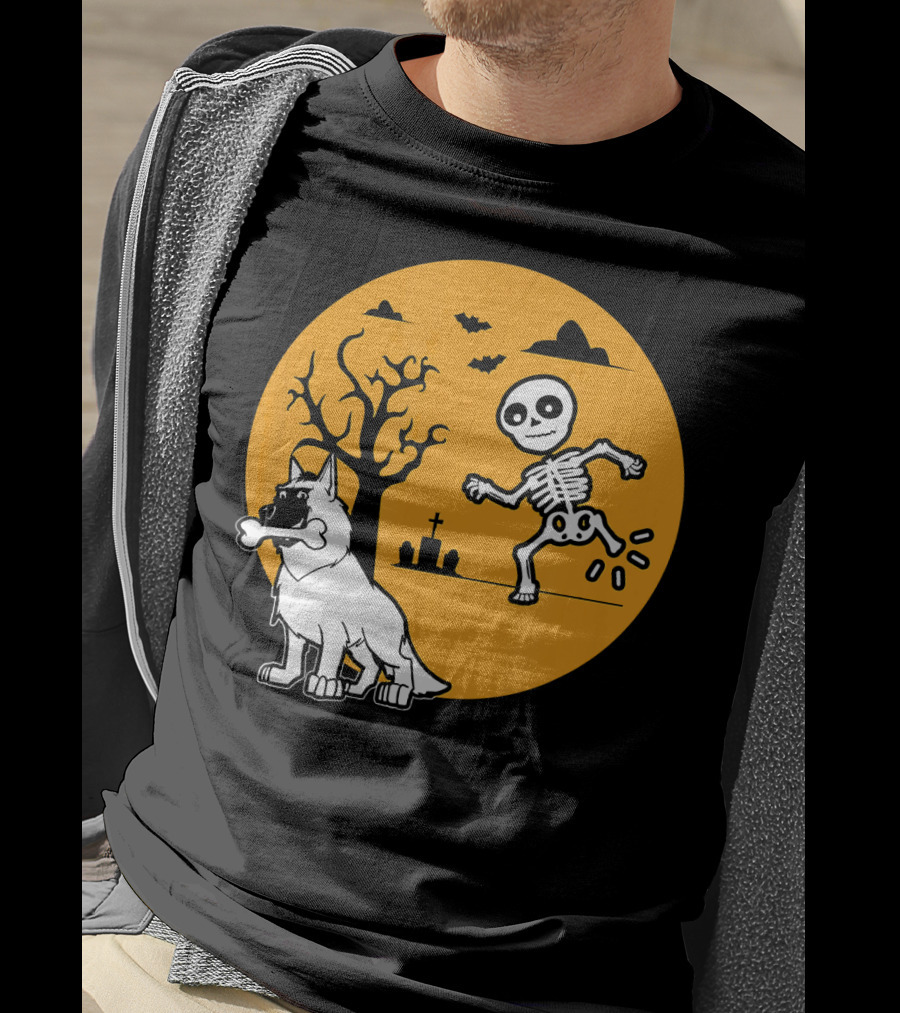 Belgian Malinois Skeleton Bone Halloween Moon Graveyard Scene T-Shirt