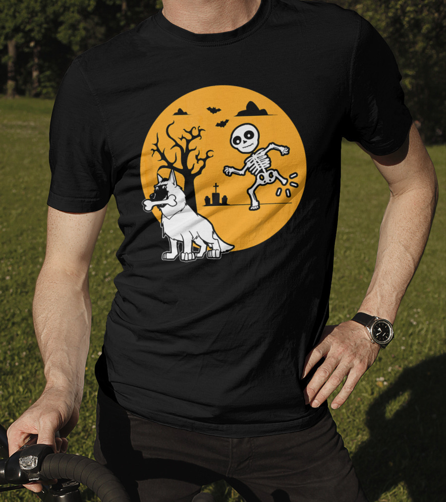 Belgian Malinois Skeleton Bone Halloween Moon Graveyard Scene T-Shirt